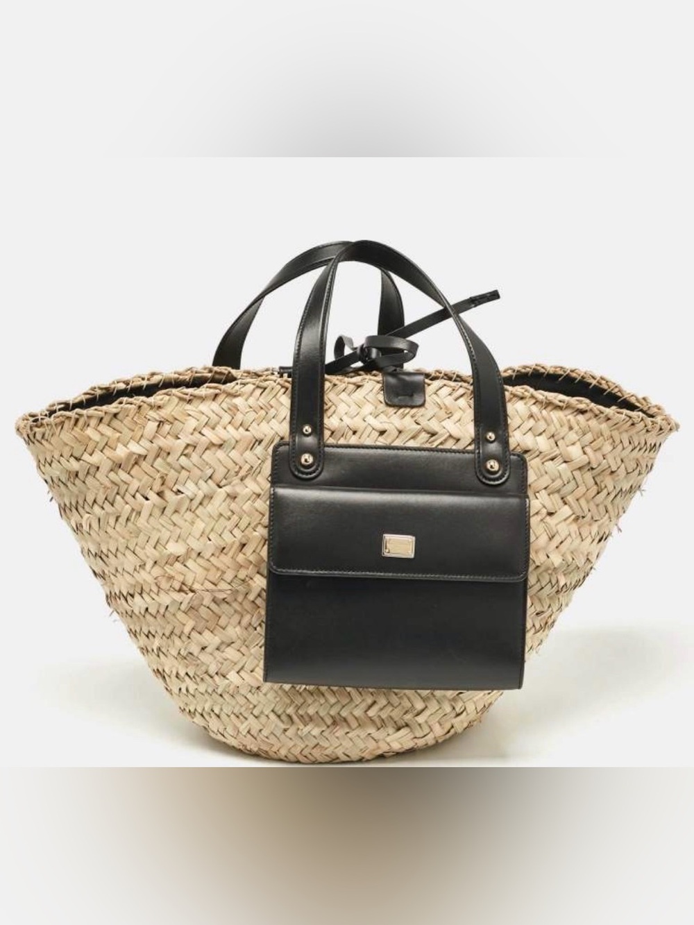 Dolce & Gabbana Kendra Tote- Black Leather-Trim Straw Tote with Front Pocket